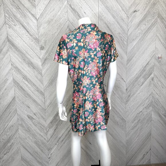 Vintage 70s Dress Womens S/M Floral Mini Short Sleeve V-Neck Collar Retro - Picture 4 of 5